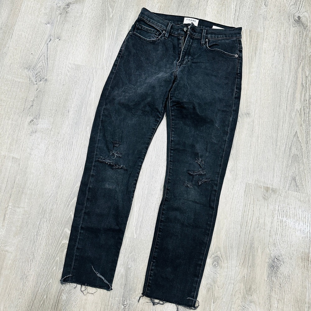 Frame Men's 28 L'Homme Athletic Raven Black Distressed Raw Hem Jeans LMHA795